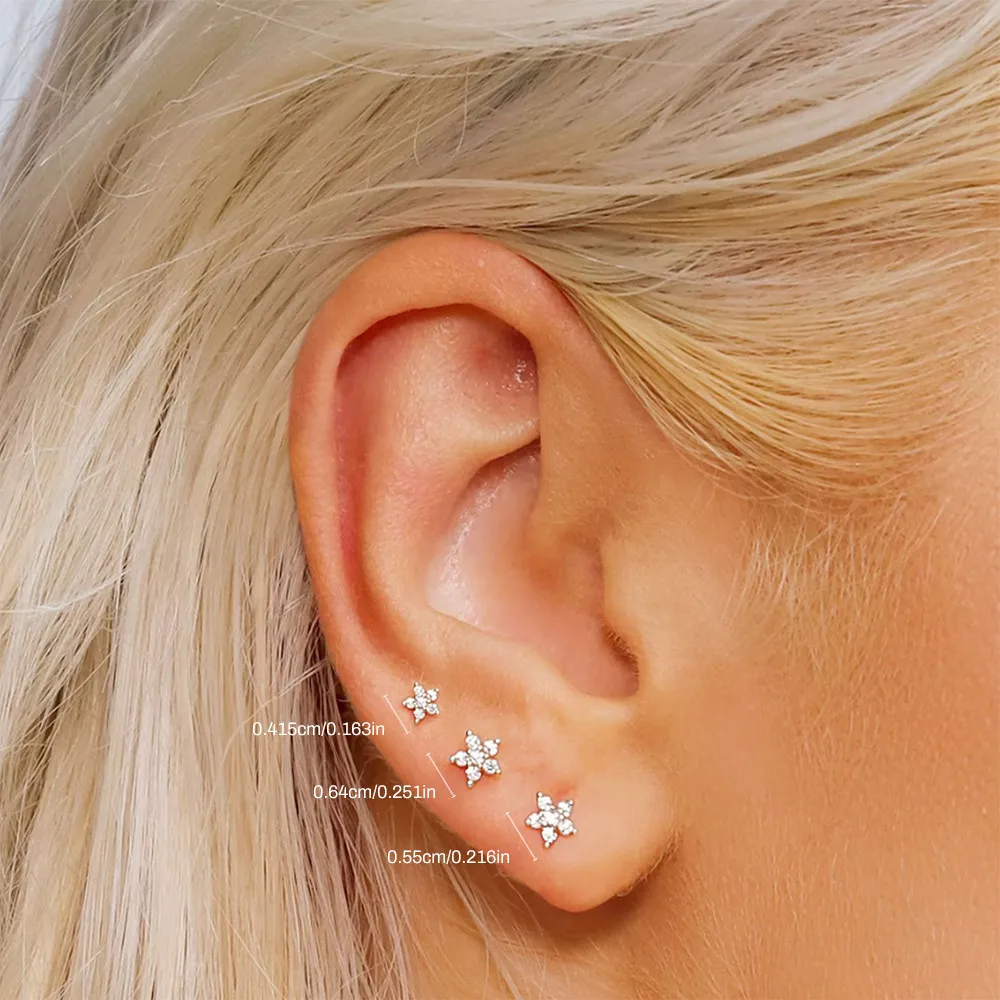 CANNER 3pcs/ Set S925 Silver Mini Zircon Flowers Stud Earrings Set for Women Piercing Earring Exquisite Jewelry Gifts Brincos