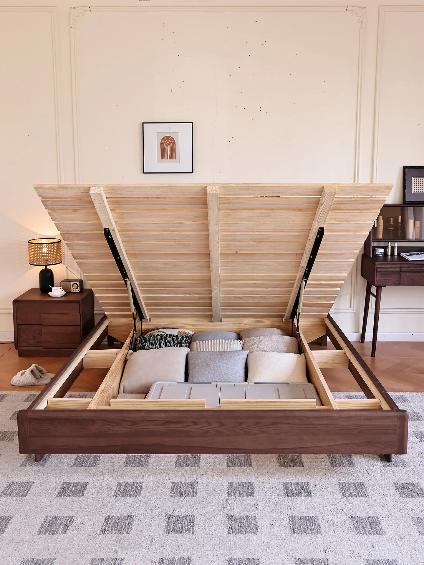 For Solid Wood Floating Bed with Gas Lift Storage, American Style Double Bed 1.8m, Mid-Century Modern for Master Room