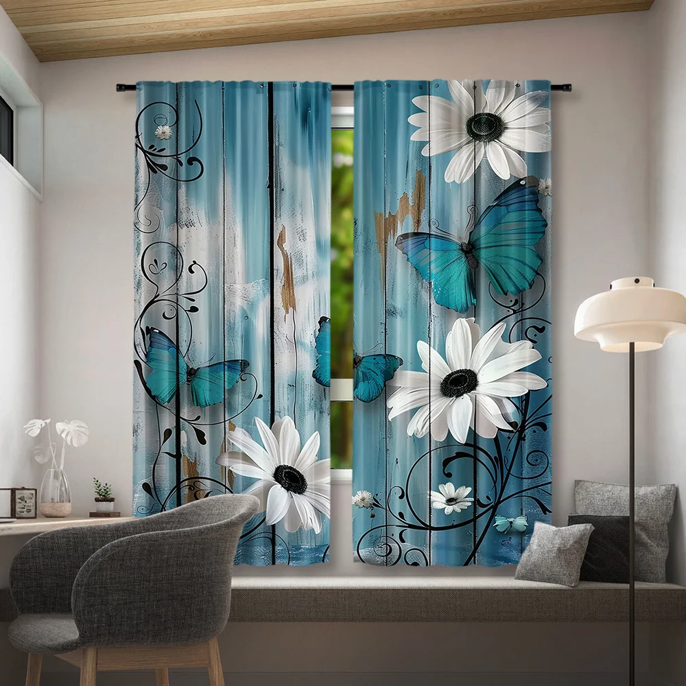 White Daisy Butterfly Curtain 2 Panels Vintage Blue Wood Plank Background Master Bedroom Curtain Rustic Floral Home Decor