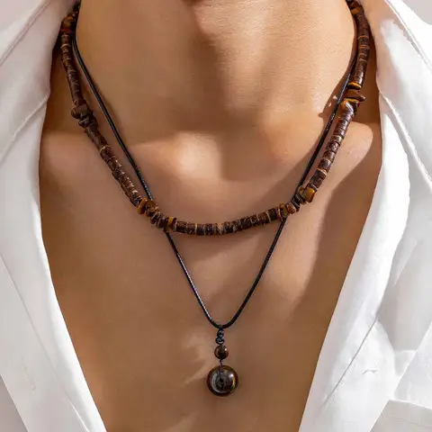 Salircon 빈티지 민족 기하학 자갈 체인 쇄골 목걸이 Boho 코코넛 껍질 나무 구슬 체인 목걸이 남자 목 보석