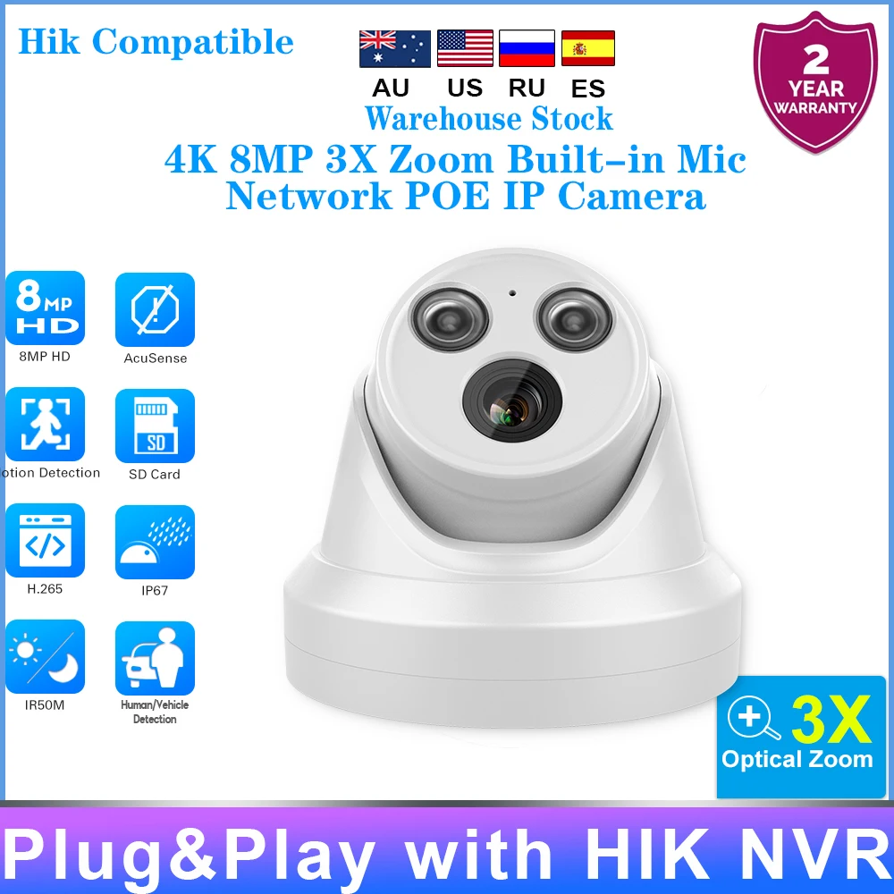 

Summer Sale Hikvision Compatible 8MP 3X Zoom POE IP Camera Mic Human Vehicle Detection 2.8-8mm Lens support Hikvision NVR