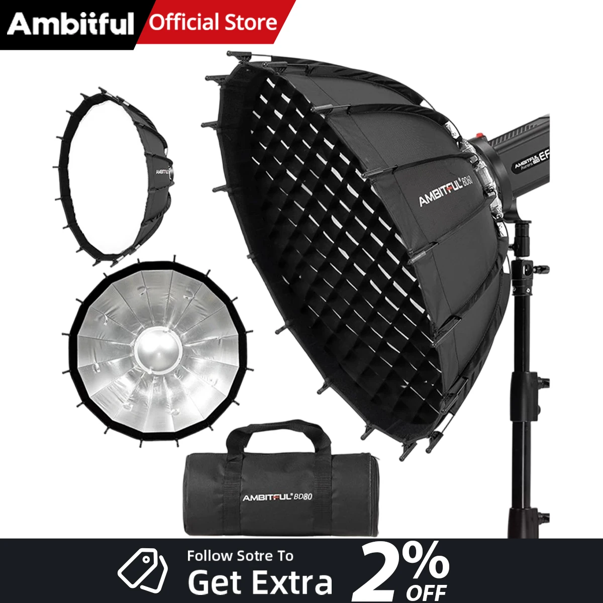 

Ambitful 60/80cm 23.6'' Studio Silver Wide Angle Beauty Dish Honeycomb Grid Bowens Mount for Godox SK400II QT600II SL200II VL300