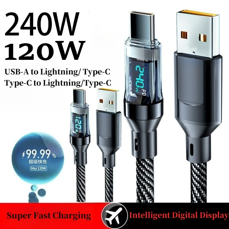 240W 120W LCD Power Display USB A to Lightning Cable, Fast Charge & Data Transfer for iPhone 14 Pro