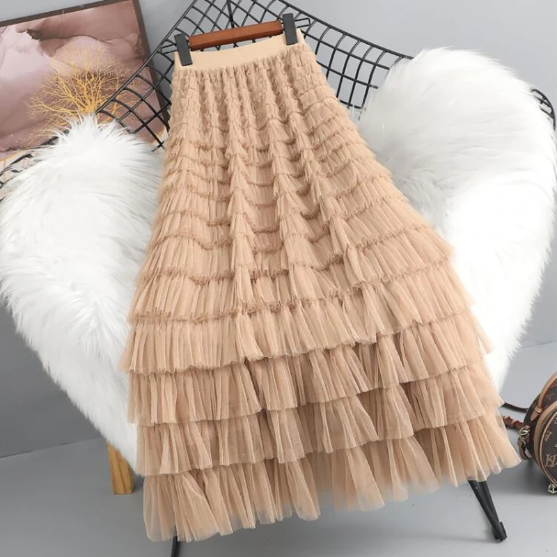 2024 Nieuwe Lente Zomer Vrouwen Hoge Taille Slanke Lange Rok Hoge Kwaliteit Lolita Stijl Zoete Meerlagige Mesh Patchwork Cake Rok