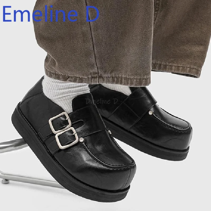 Big Toe Thick Soled Boken Shoes Fashionable Casual Commuting Black Derby Shoes Belt Buckle Decoration One Foot Men's Shoes
