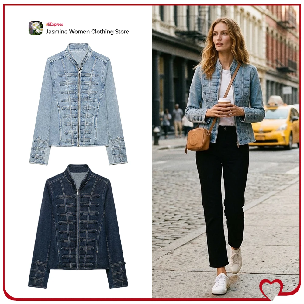 Elegant Fashion Tailored Denim Jackets for Women New in Cowgirls Round Neck & Long Sleeves Zippered Jackets with Covered Buttons