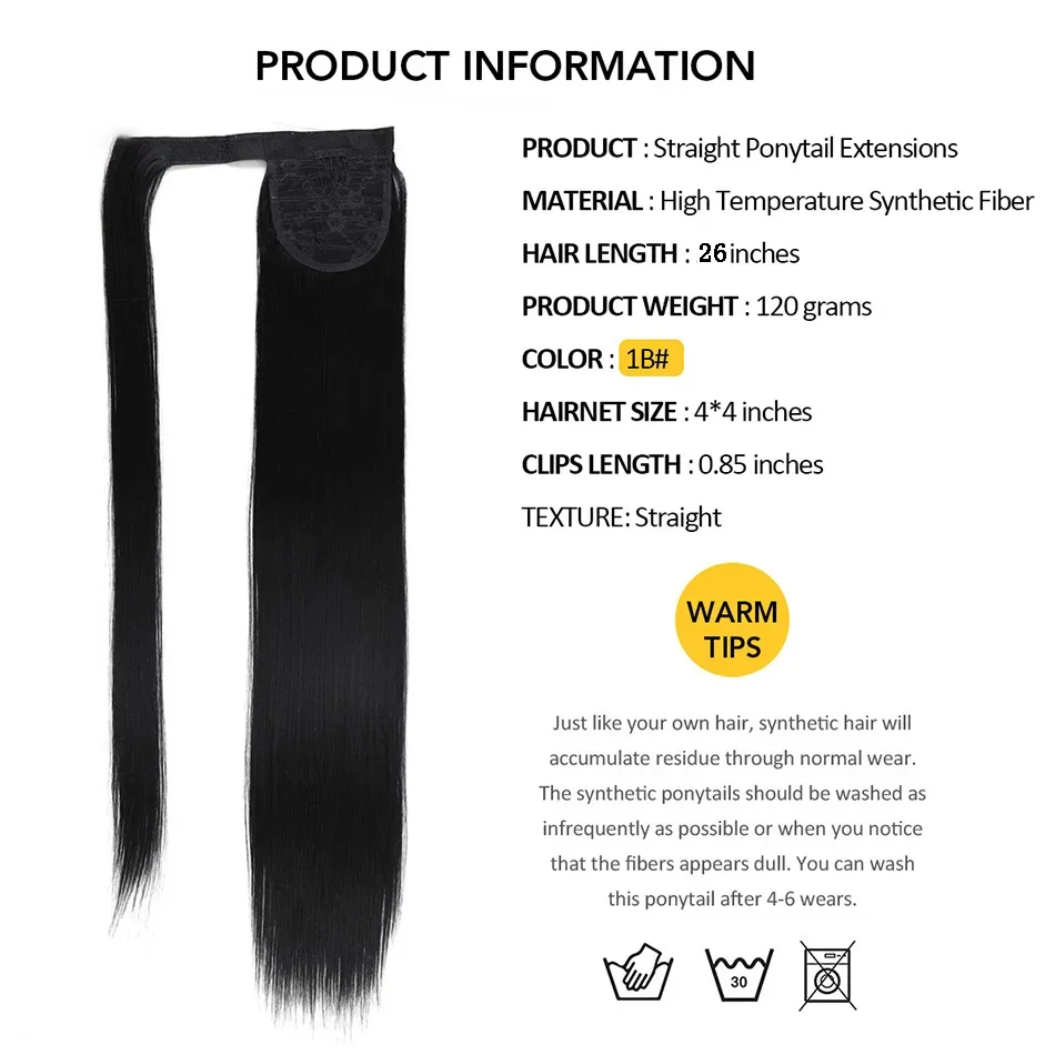 Long Straight Ponytail 26inches Wrapped Synthetic Hair Extension Clip In Wig For Women Yaki Straight Magic Straight Ponytail