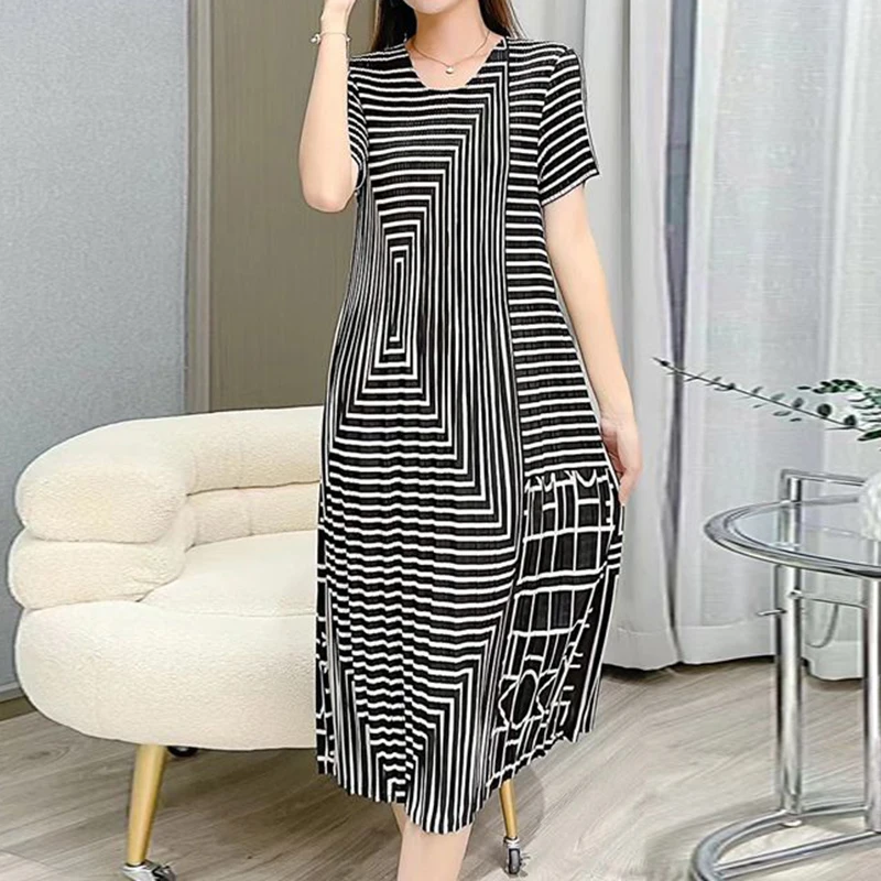 Pleated Dress 2023 Summer New Large Print Noble Waist Wrapped Midlength Dress  long dresses for women