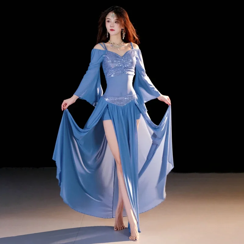 여성용 BellyDance 정장 오리엔탈 댄스 스팽글 긴팔 탑 + 섹시한 스플릿 롱 스커트 2pcs 성인 전문 연습복