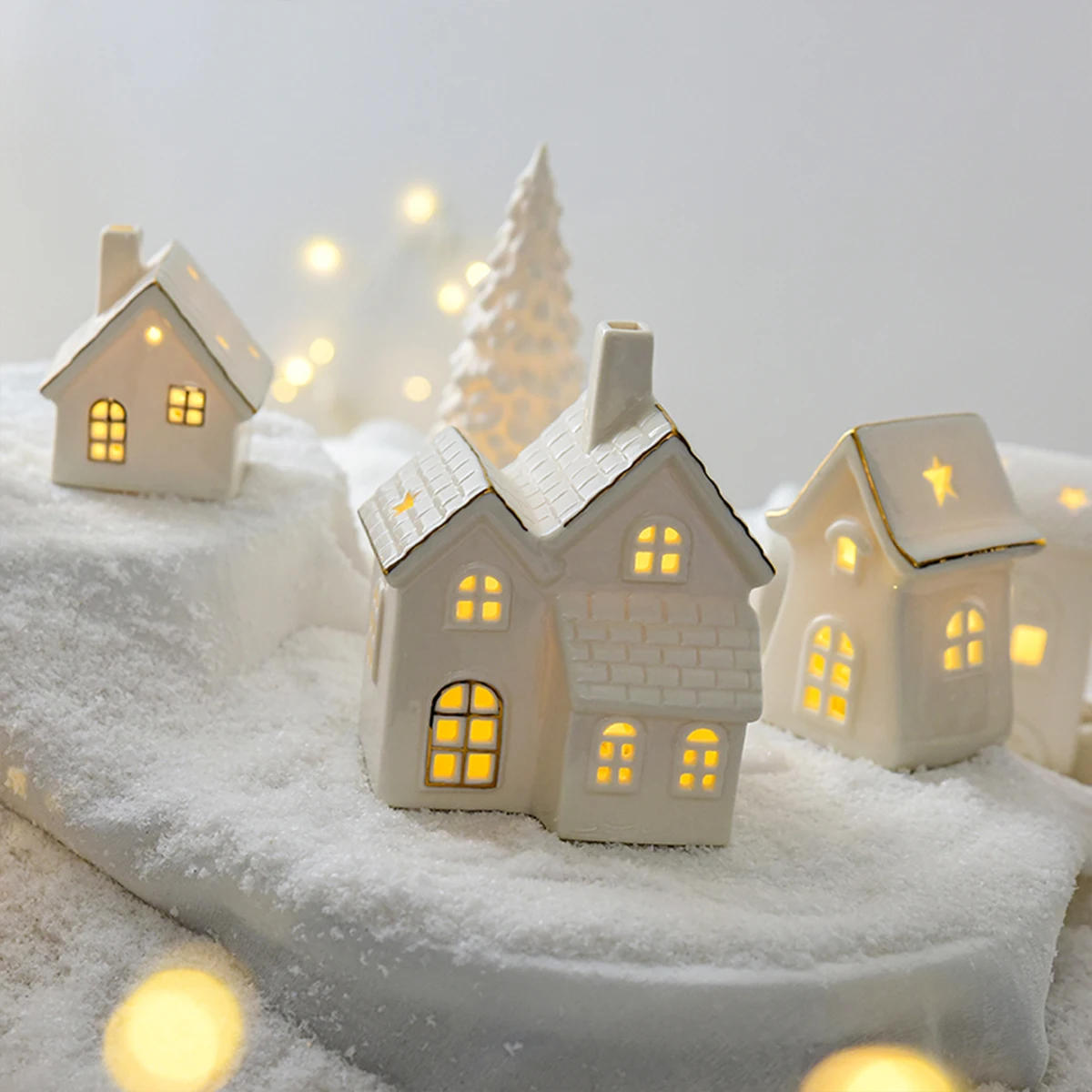 Ceramic creative ornaments small houses Christmas decorations Christmas glowing snow houses home furnishings INS ornaments