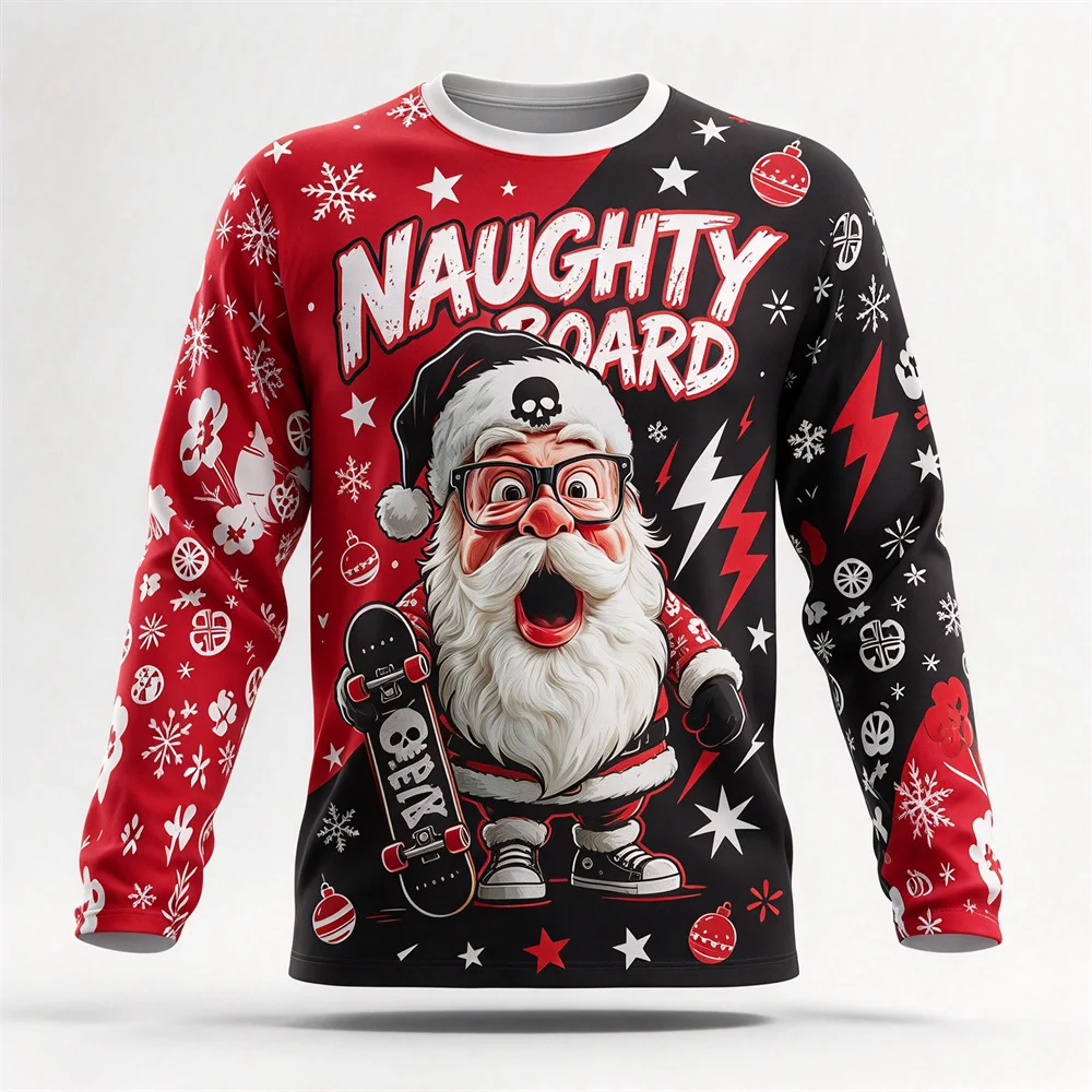 Winter Ugly Christmas Long Sleeved T-shirt Full Print Santa Claus Cotton Novelty Xmas Festival Party Funny Holiday Gift for Men