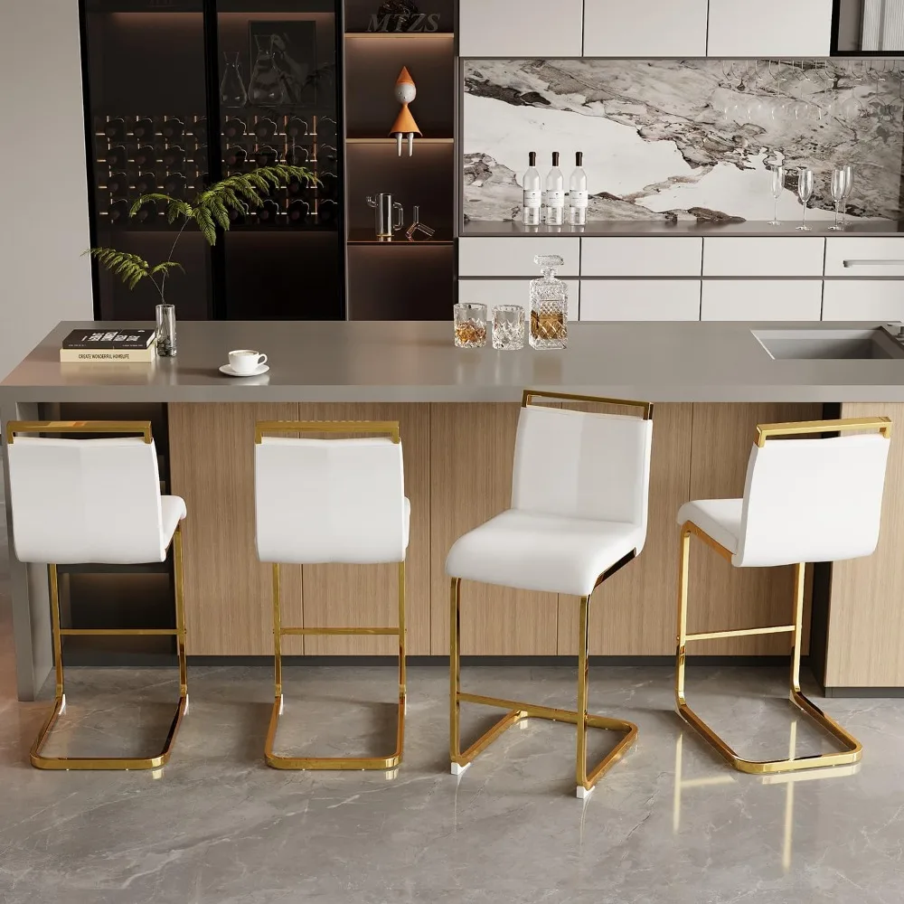 

Bar Stools Set of 4,Gold Bars Stools with Back,25" White Island Chairs with Gold Chrome Plated Metal Leg,Faux Leather Bar Chairs