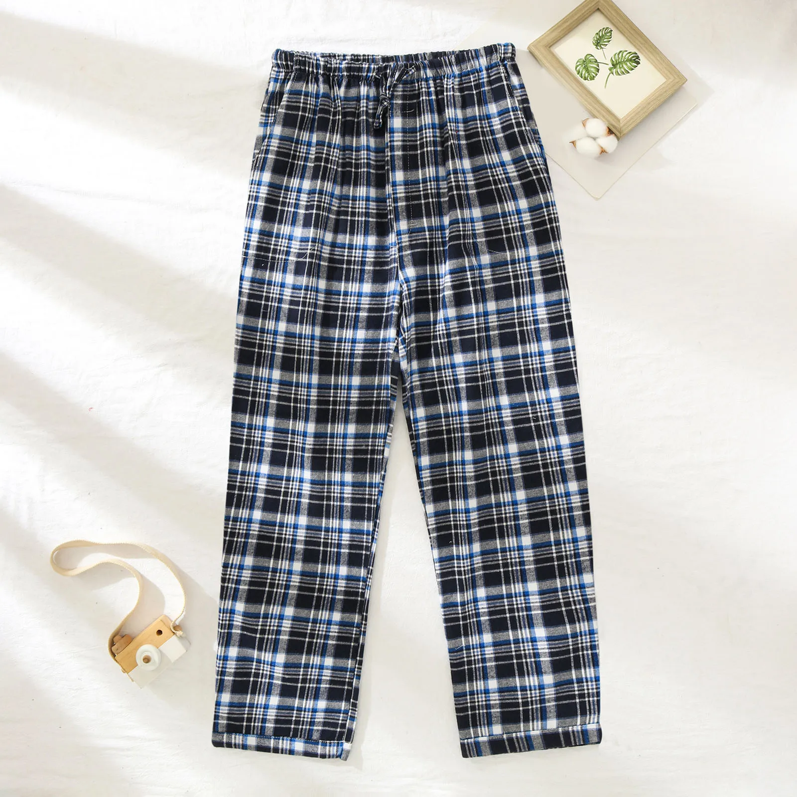 Men's Pajamas Pants Casual Plaid Pajama Sleepwear Nightwear Cotton Pants Loose High Waist Straight Long Trousers Loungewear