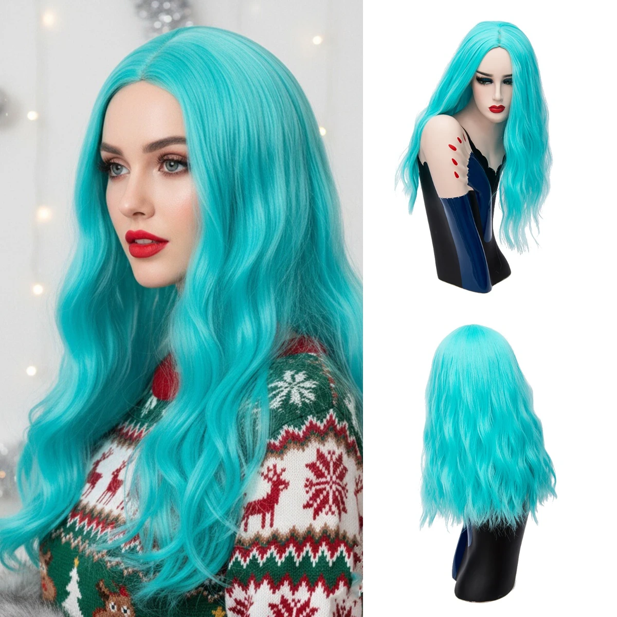 

Middle Part Line Heat Resistant Blue Wig Women’s Long Fluffy Waves Synthetic for Halloween Christmas Cosplay Daily Wear