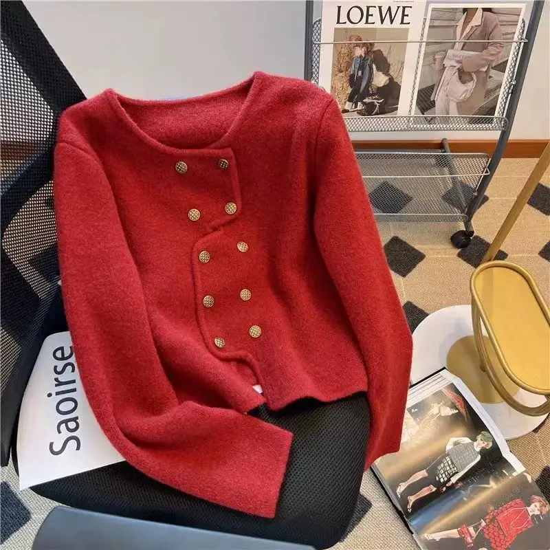 2023 New Autumn and Winter Fashion Short Style Small Fragrant Sweater Double Breasted Knitted Cardigan Temperament Commuter Coat