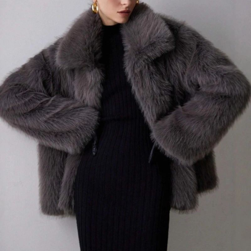 

Женские пальто из искусственного меха с длинными рукавами, уличные кардиганы, куртки с отложным воротником, элегантные, теплые, свободные, осенне-зимние