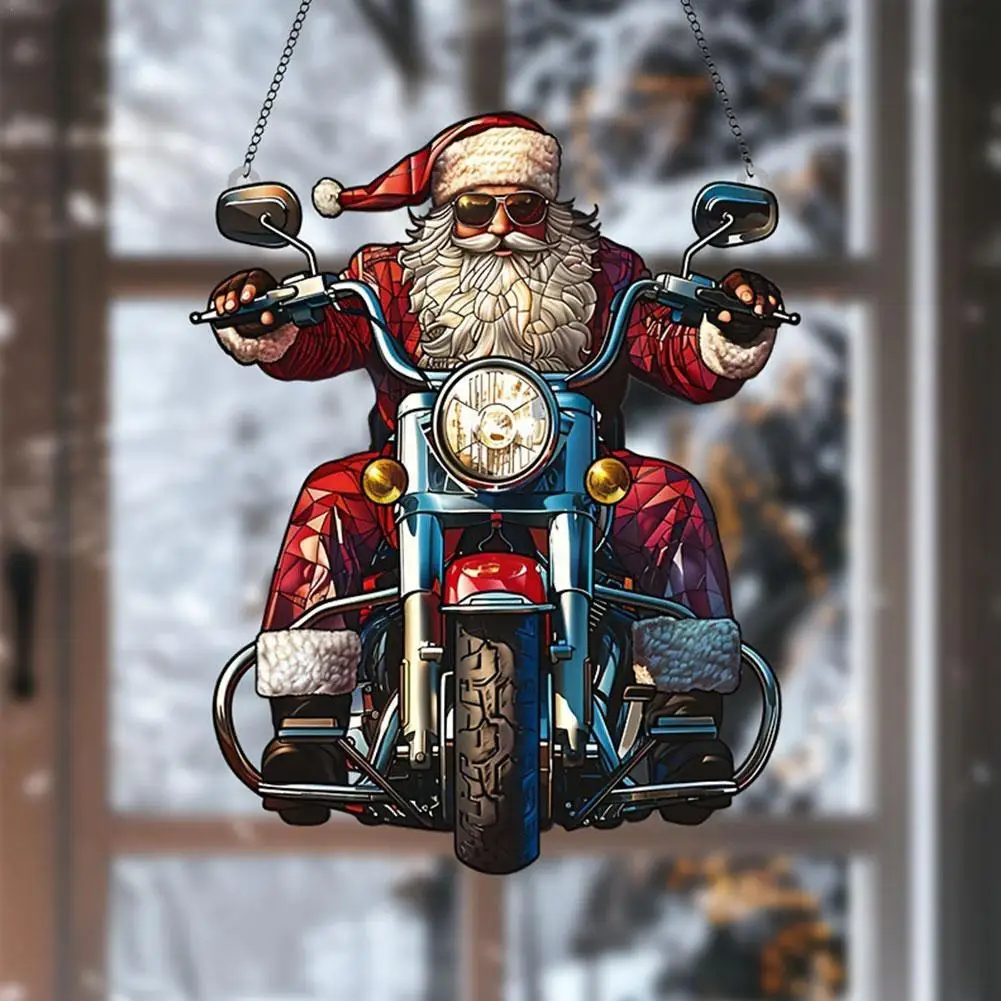 2D Motorcycle Rider Santa Claus Christmas Ornaments Decorations Santa On Motorcycle Acrylic Painted Pendant Hanging Ornament