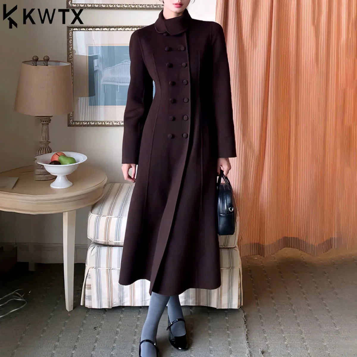 

KWTX Women’s 100% Wool Red Brown Long Coat Double Breasted Belted Stand Collar Vintage 2025 Autumn Winter New Arrival Chic