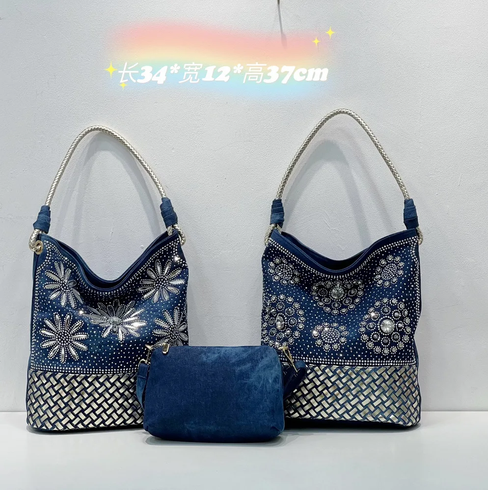 Fashion vintage denim Tote Bag women\'s 2023 new large capacity denim casual one shoulder large bag luxury design tote bag