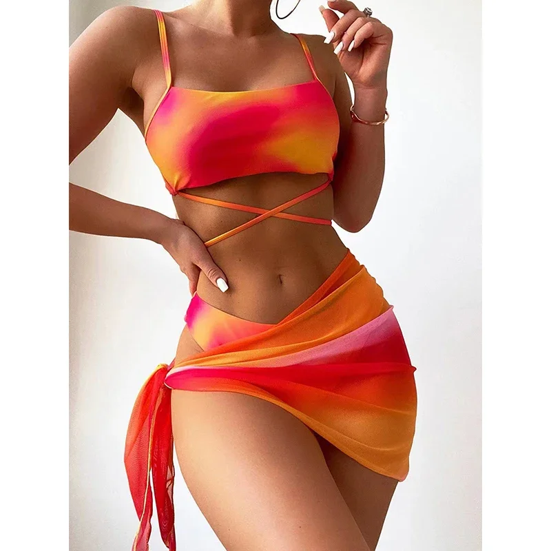 

Swimsuit Women Sexy Tie Dyed Beachwear Gradient Bikini Suit Mesh Dress Summer Three-pieces Beach Bather Bathing Suit