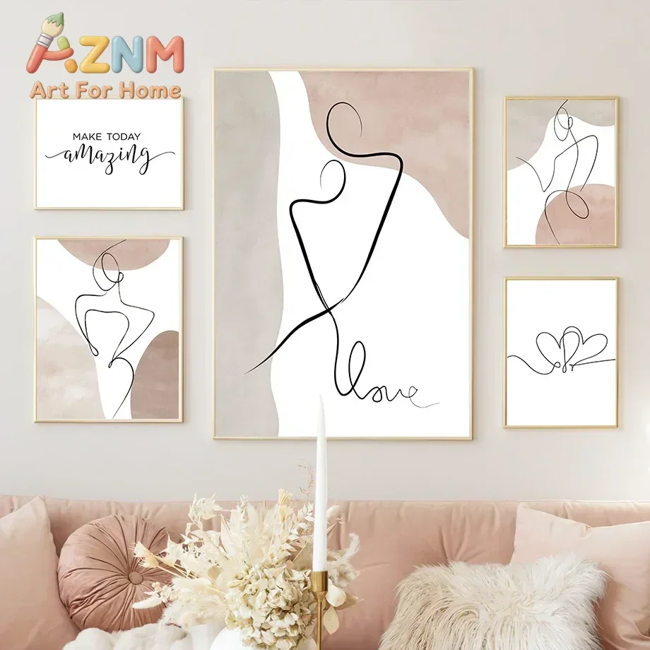 1 pièce de peinture sur toile sans cadre, motif abstrait de ligne et de cœur, femme, blocs de couleur rose, impression murale minimaliste, affiches sur toile pour la décoration intérieure.