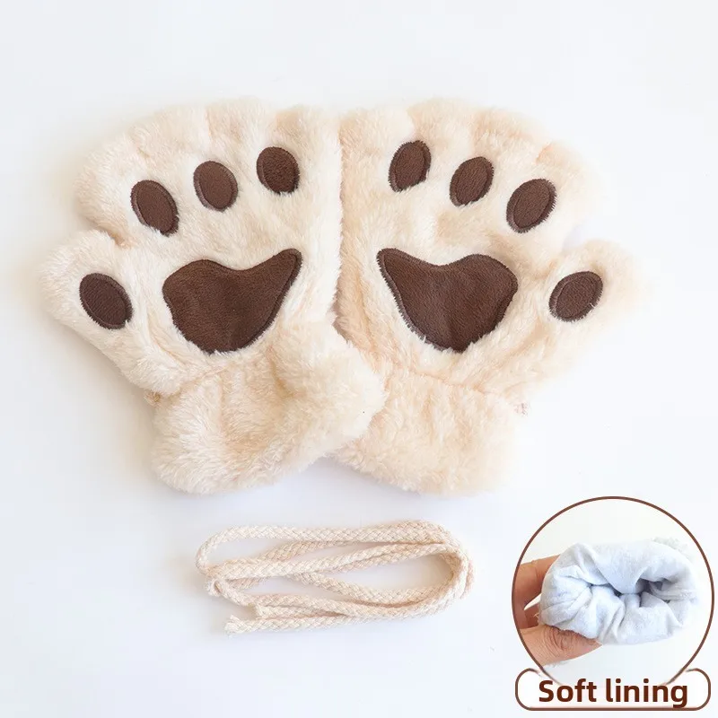 Cute Cartoon Cat Claw Gloves for Women Girls Thickened Plush Lovely Style Bear Paw Exposed Fingers Half Finger Winter Gloves