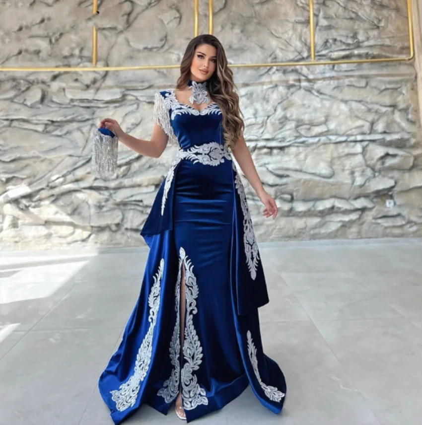 Othray 2025 Appliques Lace Cap Sleeve Royal Blue Mermaid Slit Velvet Arabic Prom Gowns Moroccan Caftan Evening Dress