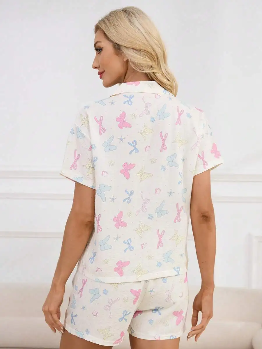 

2pcs Womens Spring Summer Pajama Set Printed Button-Up Short Sleeve Top And Shorts