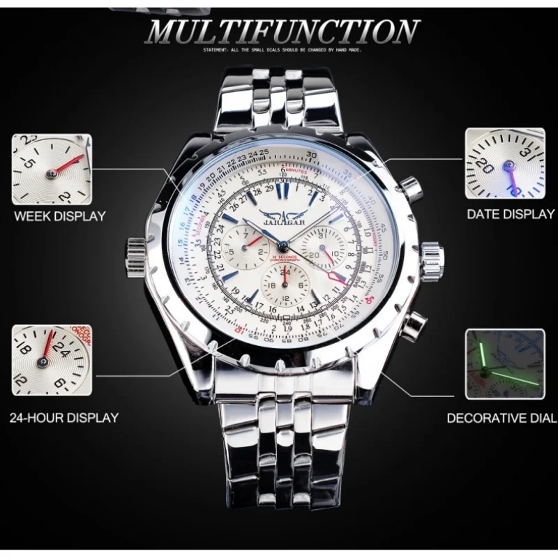 JARAGAR 212 Men's Automatic Mechanical Watch Date Chronograph Luminous Waterproof Stainless Steel Elegant Business Men Watches