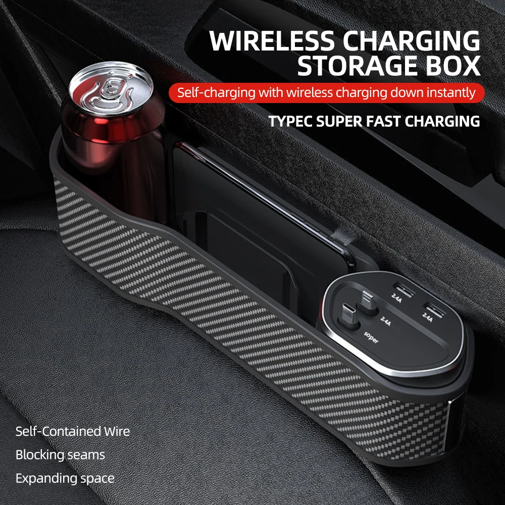 Newest Car Crevice Storage Box with Wireless Charging,Type-C USB Charger Car Seat Gap Slit Pocket Seat Organizer Cups Holder