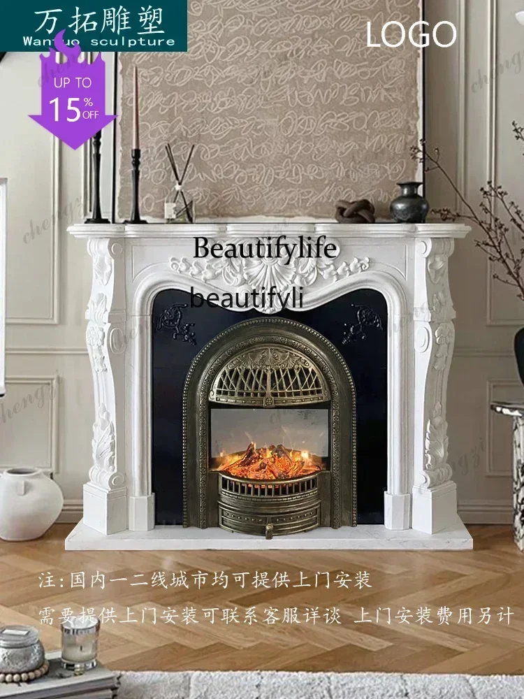 22Marble fireplace living room decorative cabinet American ornament white marble stone fireplace