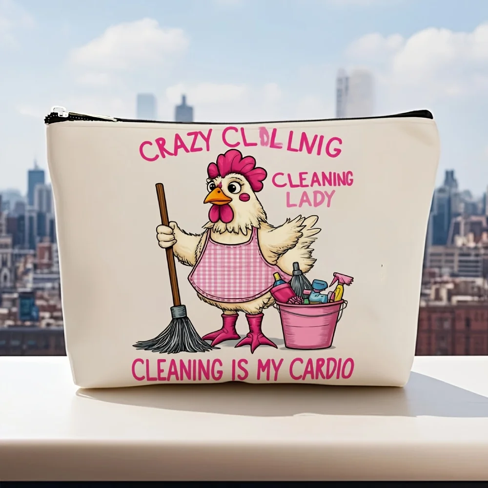Un sac à cosmétiques imprimé Crazy Cleaning Lady – sac multifonctionnel à fermeture éclair, sac de rangement de bijoux, petit rangement à fermeture éclair de voyage parfait