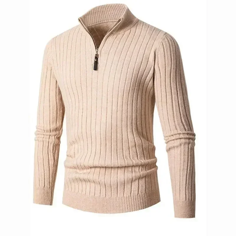 American Style Men Stand-collar Sweater, Long-sleeved Vertical Striped Half-zip Base Layer Knitted Sweater for Autumn and Winter