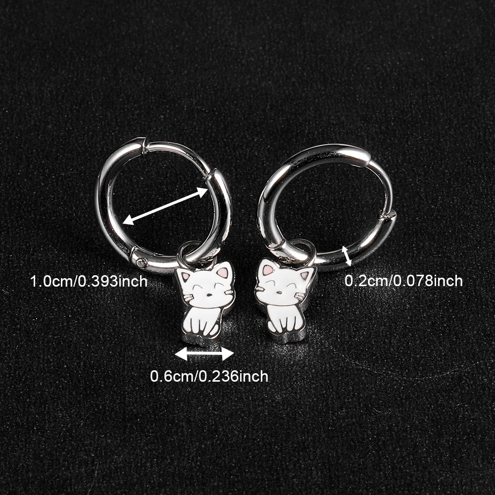 1 Pair of Stainless Steel Plain Ring Earrings With Cartoon Cute Cat Pendant Earrings and Earrings