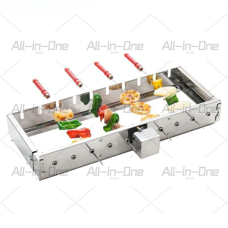 Stainless steel automatic rotating grill with adjustable width, for barbecue skewers and hot dog cooking