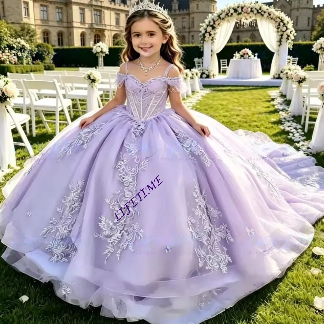 

CustomizedSequin Applique Champagne Flower Girl Dress Gold Lace Pageant Dresses for Girls with Bow Off Shoulder First Communion