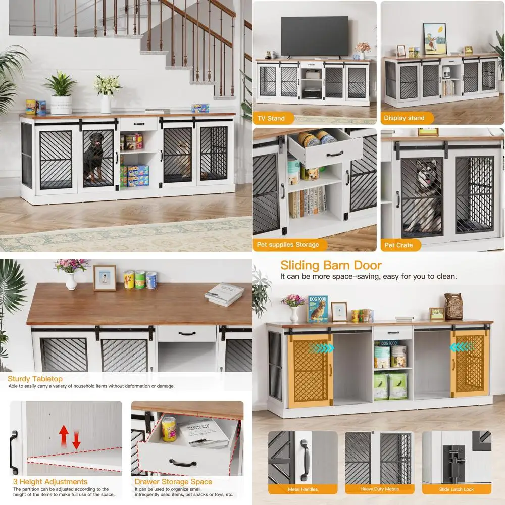 Sturdy Indoor Double Dog Crate Furniture, Large Breed Wooden Kennel End Table with TV Stand