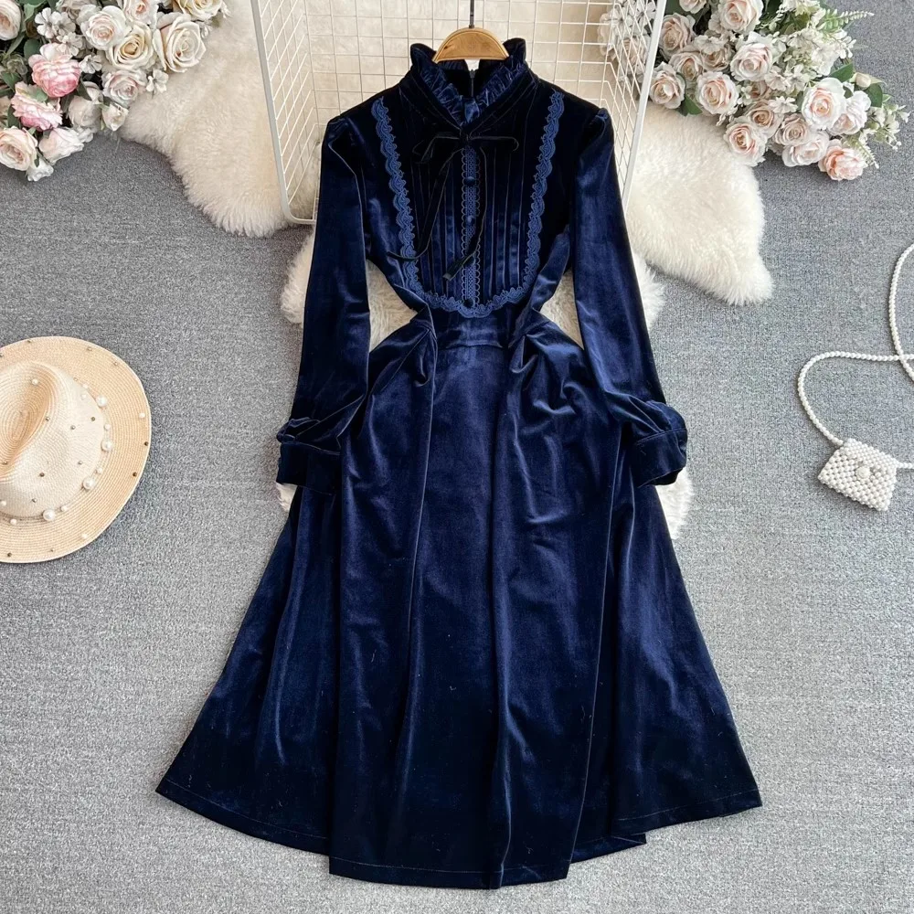 High Quality Autumn Winter Velvet Dress Vintage Women Stand Collar Lace Up Bow Long Sleeve Ladies Office Velour Soft Vestidos