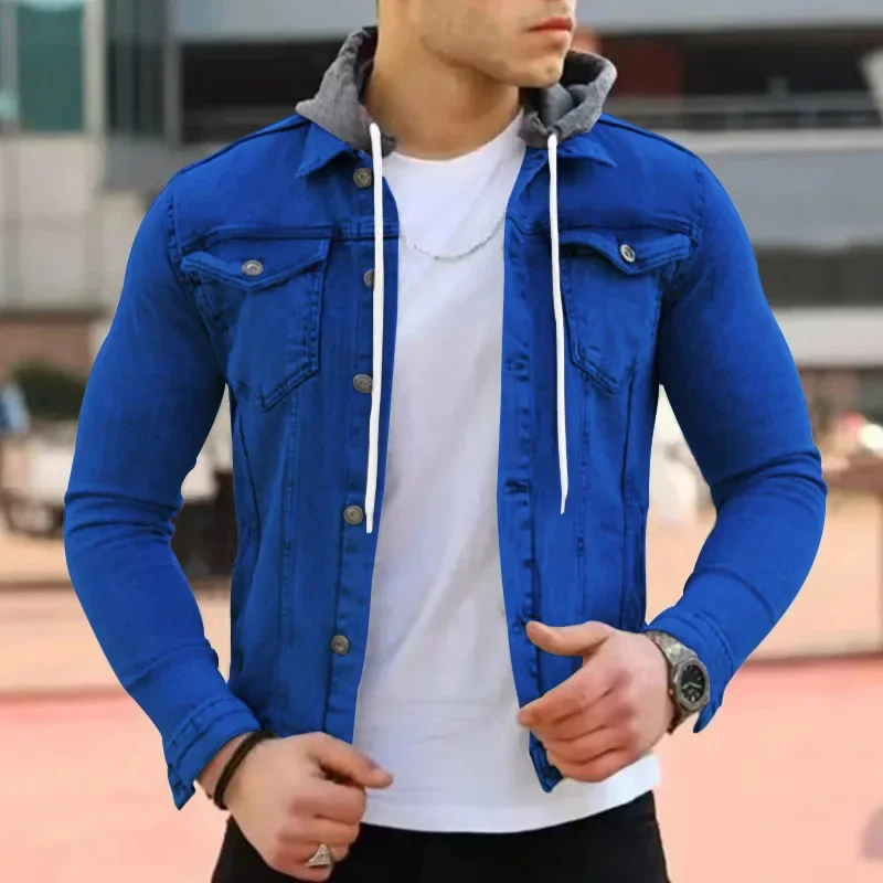 New Men\'s Fashionable Casual Hooded Single-breasted Jacket Men\'s Solid Color Jacket Casual Coat Double Pockets