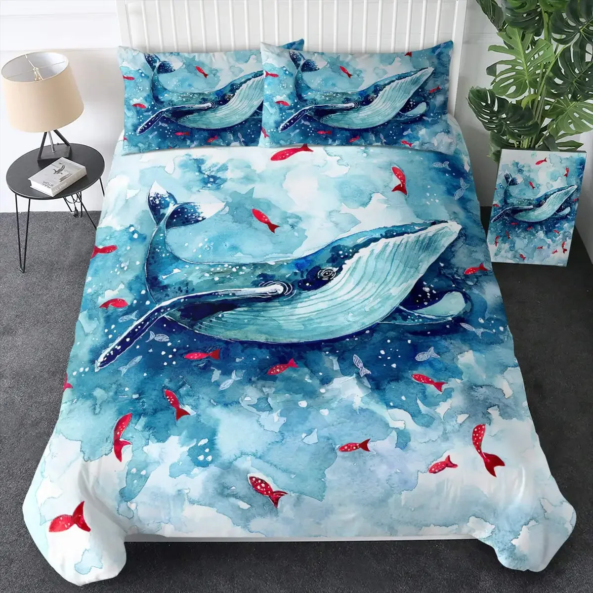 Killer Whale Duvet Cover Set Nautical Bedding Set Ocean Whale Tie Dye Comforter Cover Underwater World Marine Life Quilt Cover