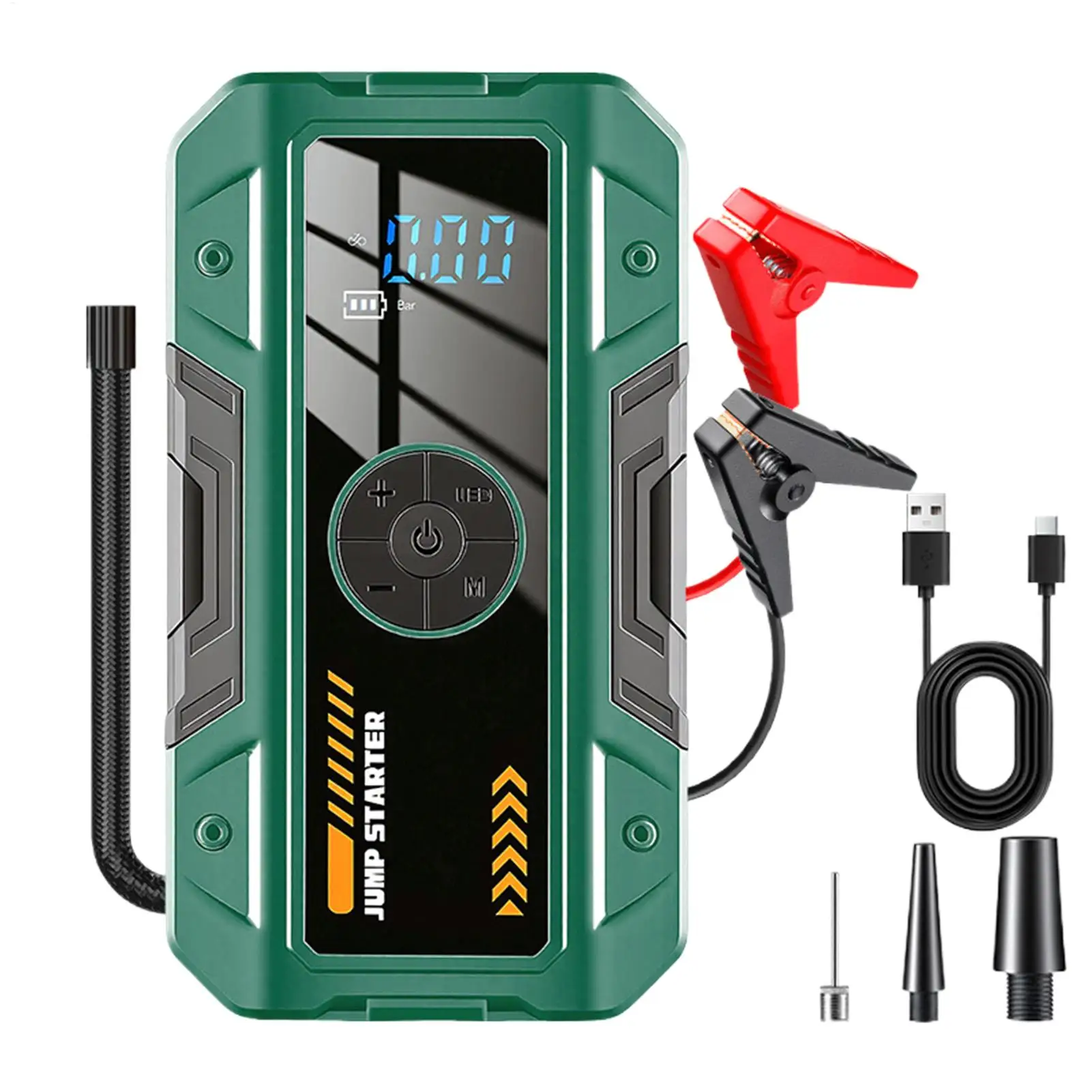 

Портативное пусковое устройство для автомобиля с 3 режимами, цифровым дисплеем и воздушным насосом, для запуска двигателя, подкачки шин автомобиля, мотоцикла, мячей, для путешествий и поездок.