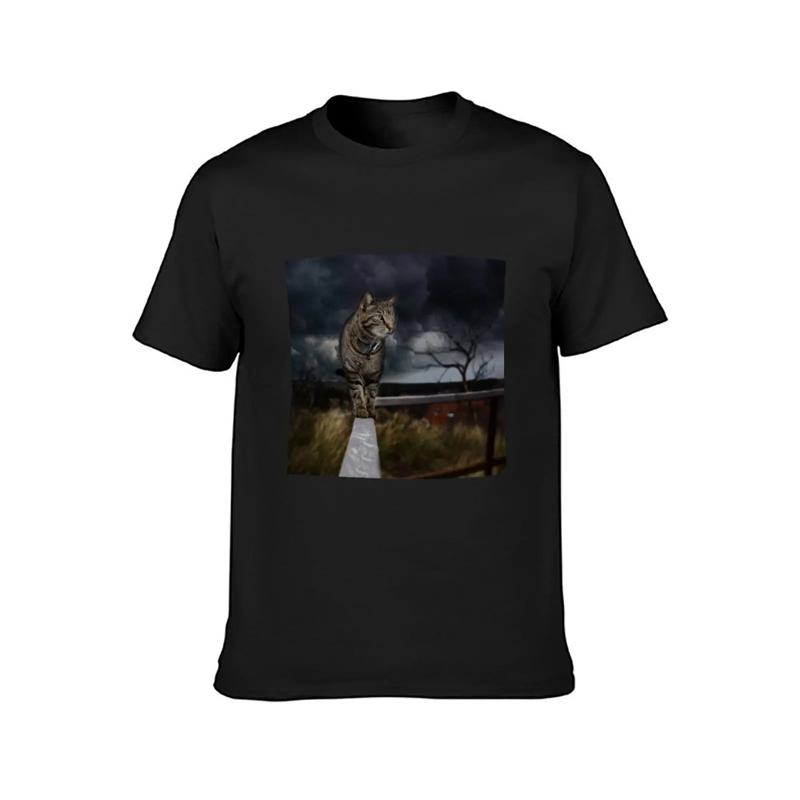 Cat walking the fence. T-shirt customizeds heavyweights mens vintage t shirts