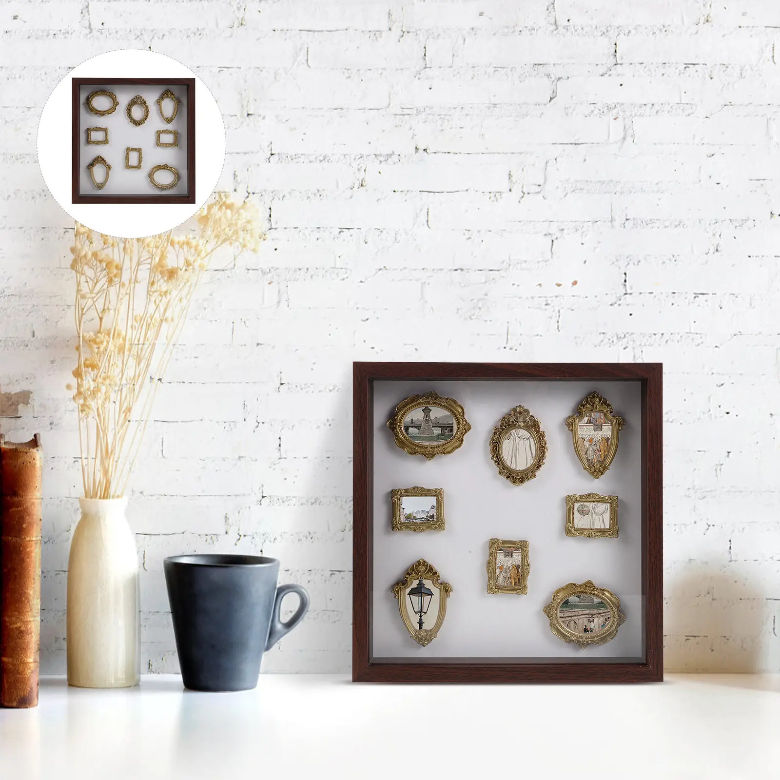 

Набор из 1 миниатюрной винтажной глубокой рамки-витрины из смолы для фотографий, небольшая квадратная фоторамка для фотографий, произведений искусства, памятных вещей, для дома и офиса