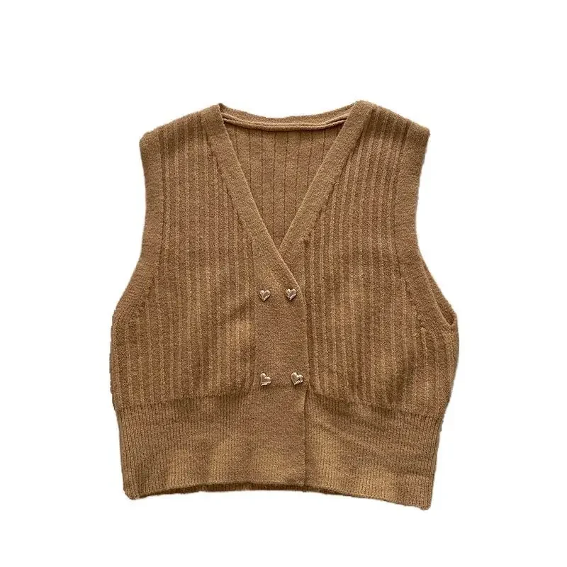 Winter Button Knitted Top for Women Brown V-neck Ladies Sweaters Vest Warm Thermal Blouse Tall Tops Crochet Trend 2024 Jersey