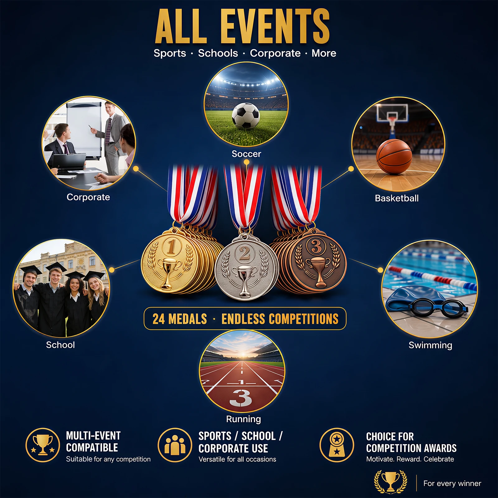 24 Stück Zinklegierungs-Auszeichnungsmedaillen in Gold, Silber und Bronze, 1., 2. und 3. Platz-Preise, Siegermedaillen für Sportveranstaltungen und Schulpreise – Detail 9