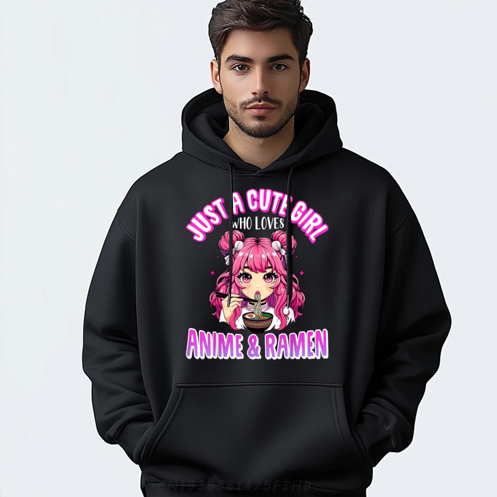 Just A Cute Who Loves And Ramen Noodles Black Hoodies Hoodie Plus Size Normal Men Christmas Sweater Long Sleeve