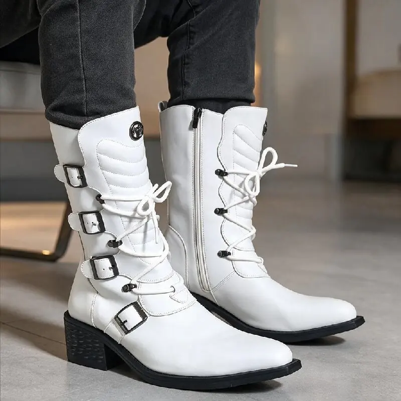 Men Western Motorcycle Boots Black White Side Zipper Men High Heel Buckle Comfortable Fashion Chelsea Boots Sizes 38-46