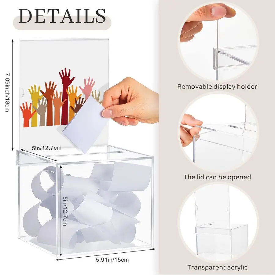 Scatola per donazioni in acrilico da 6 pezzi con fessura, 6 x 5 x 5 pollici Scatola per biglietti per lotteria trasparente per suggerimenti con cartello per la raccolta dei fondi, Raff