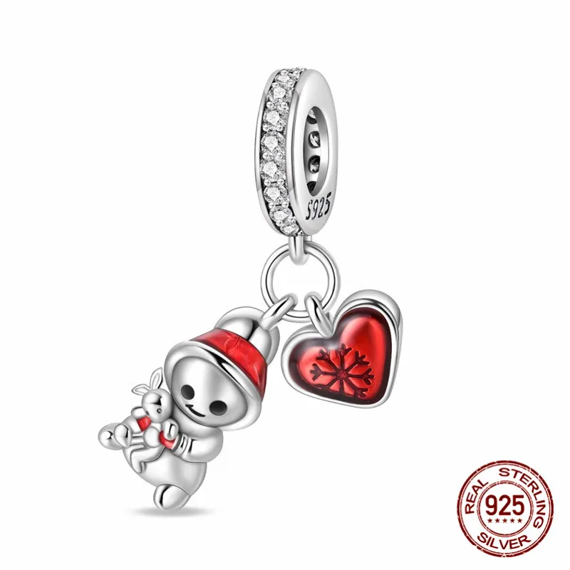 

925 Sterling Silver Red Hat Snowman Pendant Bead Inlaid with Zircon Paired with an Original Bracelet DIY Womens Jewelry Gift