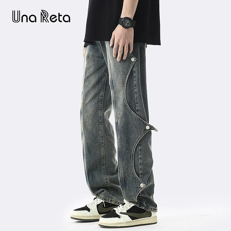 

Una Reta Jeans Pants Man 2024 Spring Summer New Hip Hop Rivet Splicing Design Vintage Denim Pants Harajuku Trousers For Men